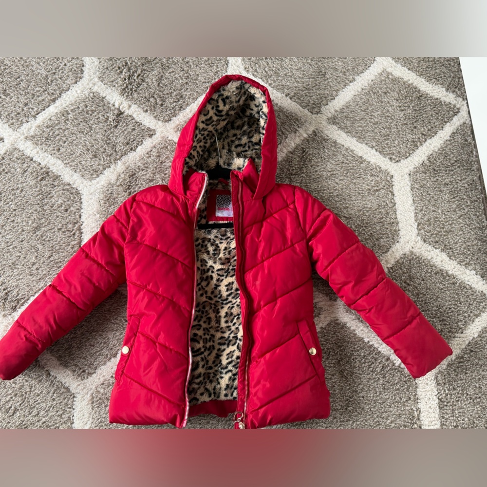 Kensie Red Puffer Jacket with Leopard Print Lining Girls Winter Coat 7/8